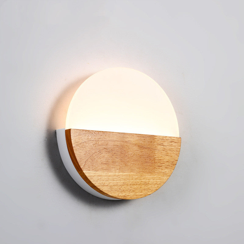 Wooden LED wall lamp in modern indoor home setting