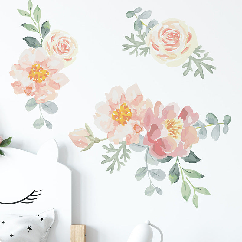 Pink heart watercolor flower wall sticker arrangement
