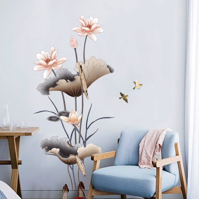 Lotus flower self-adhesive wall sticker with Chinese-style design
