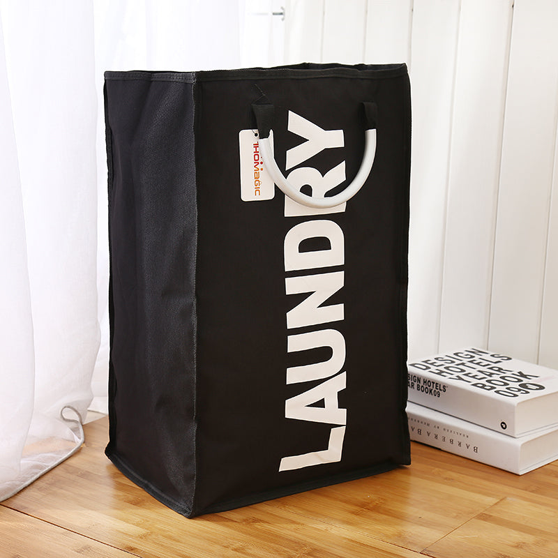 Black foldable fabric laundry hamper with carry handles