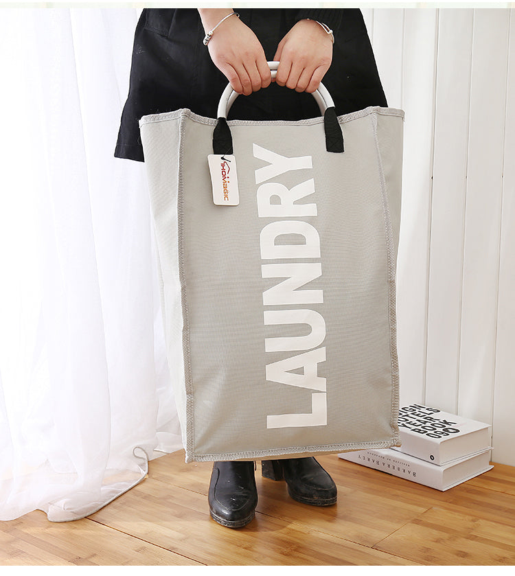 Beige foldable laundry hamper with carry handles