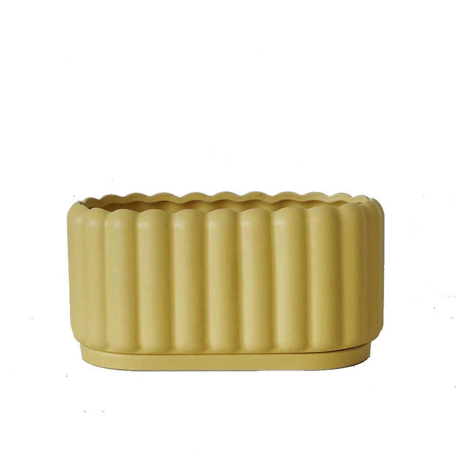 Apricot fence-style ribbed ceramic planter with tray

