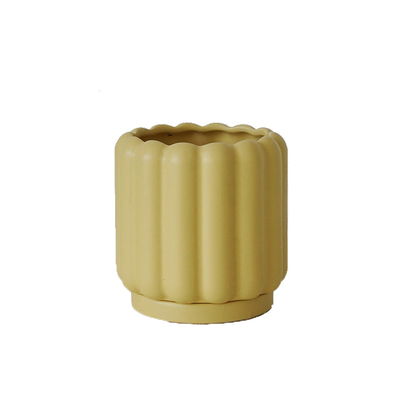 Apricot small round ribbed ceramic planter with tray
