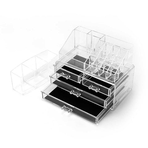 Clear makeup storage organizer with cosmetic drawers