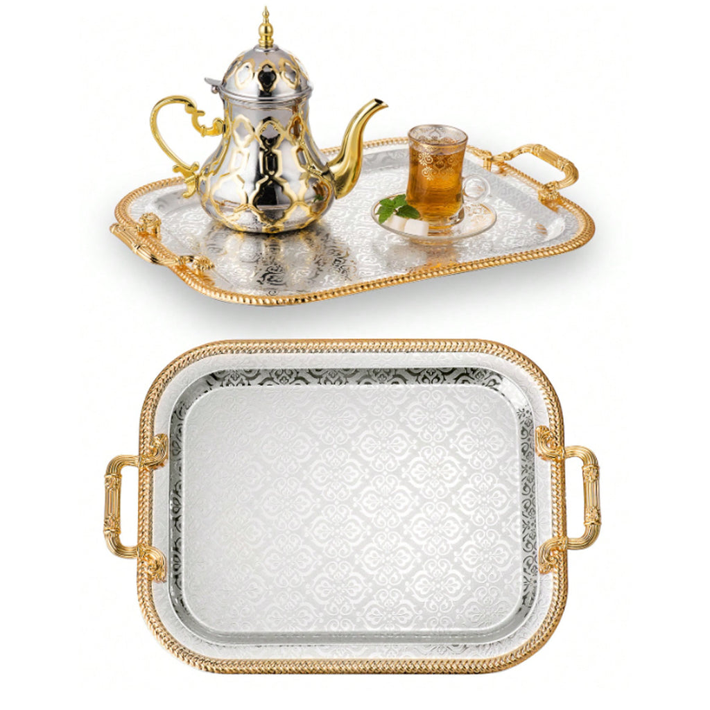 Elegant gold and silver rectangular serving tray with handles for tea and dining