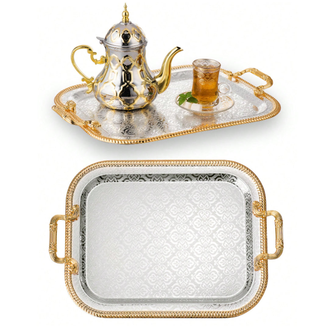 Elegant gold and silver rectangular serving tray with handles for tea and dining