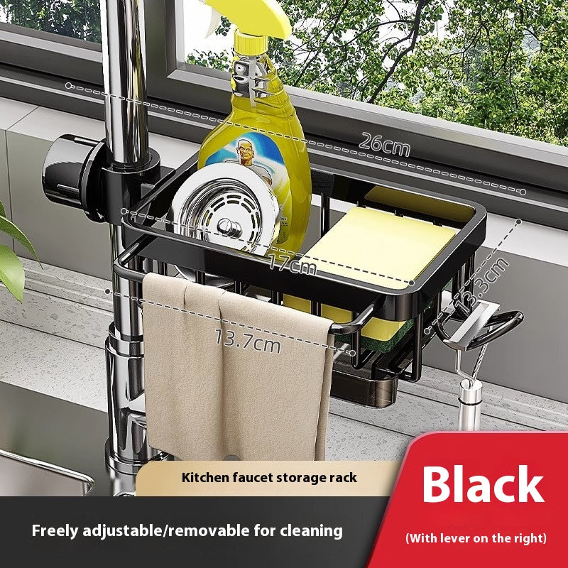Black left-side aluminum sink and faucet storage rack
