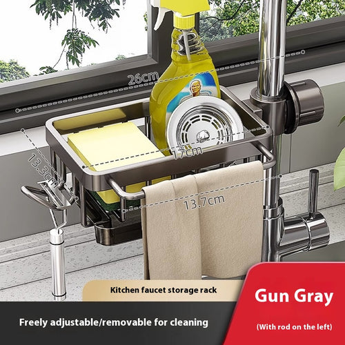 Silver left-side aluminum sink and faucet storage rack
