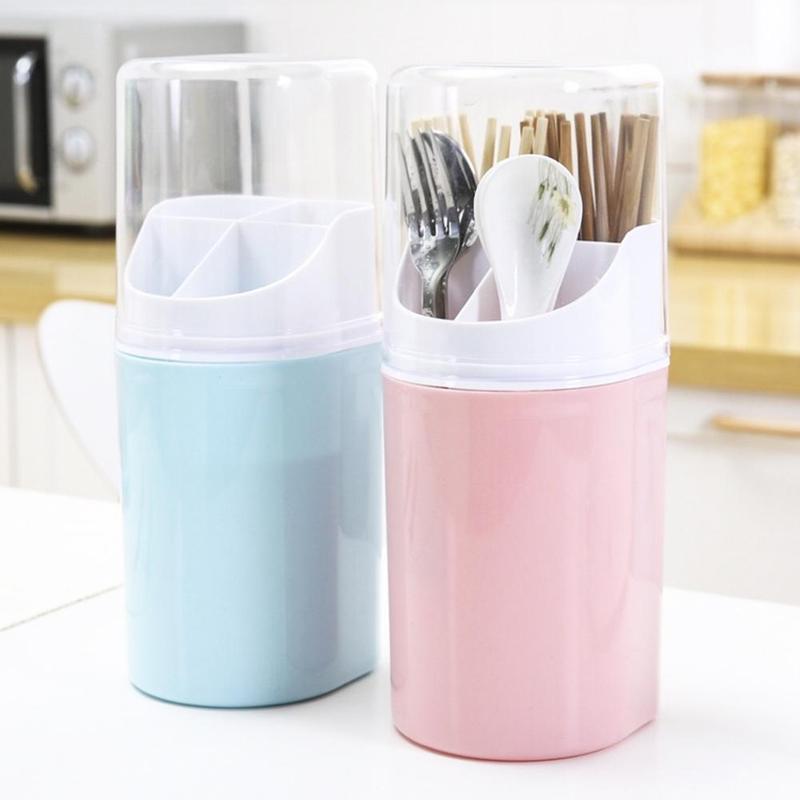 Nordic blue kitchen cutlery holder with lid and drainer
