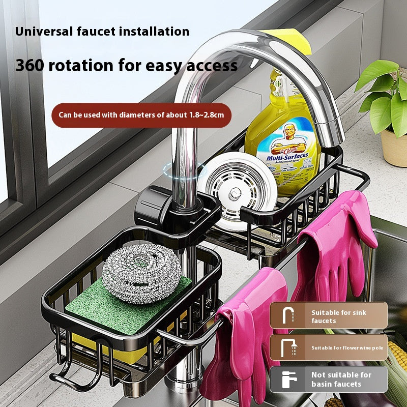 Silver aluminum sink and faucet storage rack
