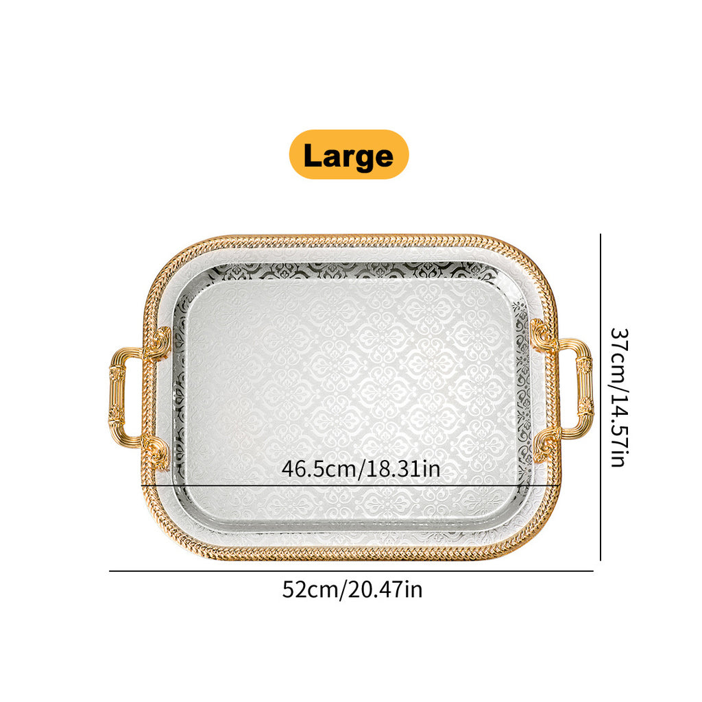 Large gold and silver rectangular serving tray with handles, 52 by 37 cm