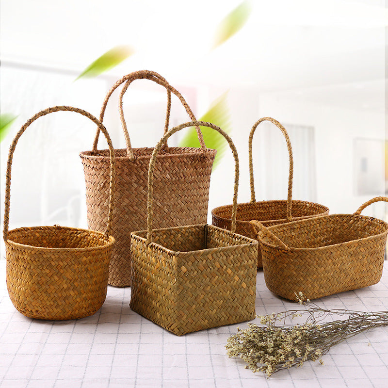 
Natural woven seagrass storage baskets with handles for home organization