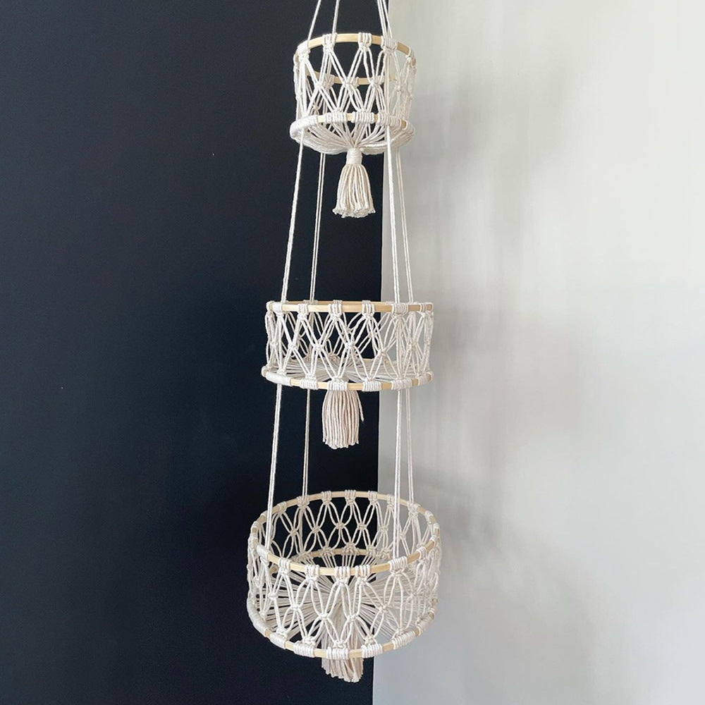White three-tier hanging woven storage basket for home organization